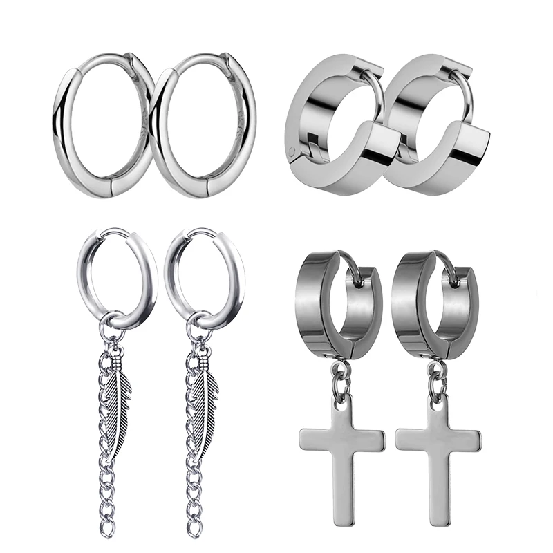 Street Fashion Earrings - 4 Pairs Punk Steel-color Stainless Steel