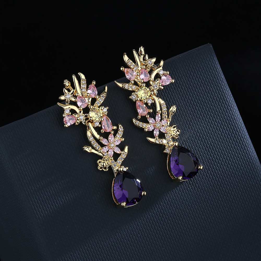 Street Fashion Earrings - Exaggerated atmosphere zircon flower earrings fashion
